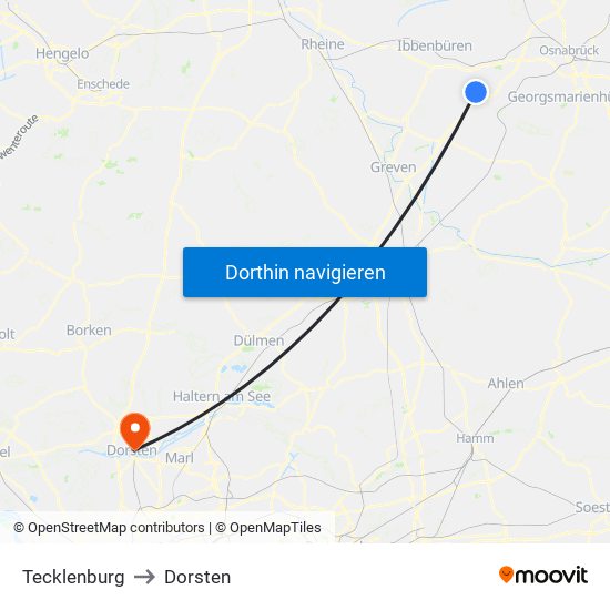 Tecklenburg to Dorsten map