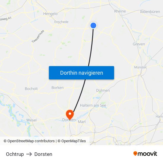 Ochtrup to Dorsten map