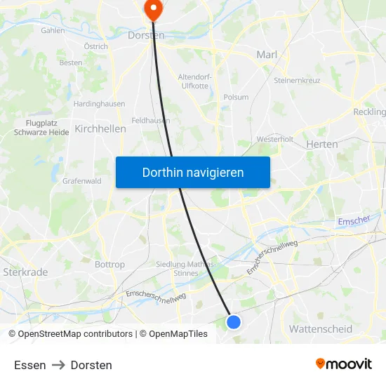 Essen to Dorsten map