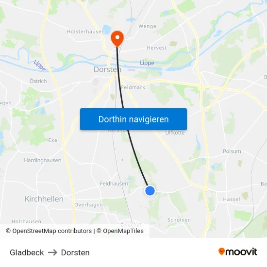 Gladbeck to Dorsten map