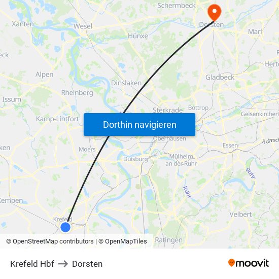 Krefeld Hbf to Dorsten map