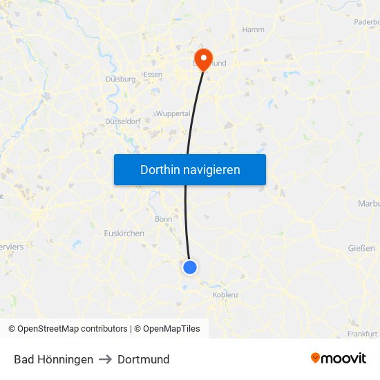 Bad Hönningen to Dortmund map