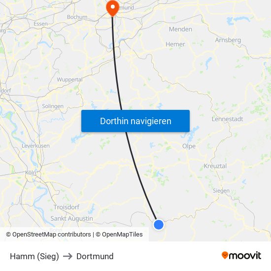 Hamm (Sieg) to Dortmund map