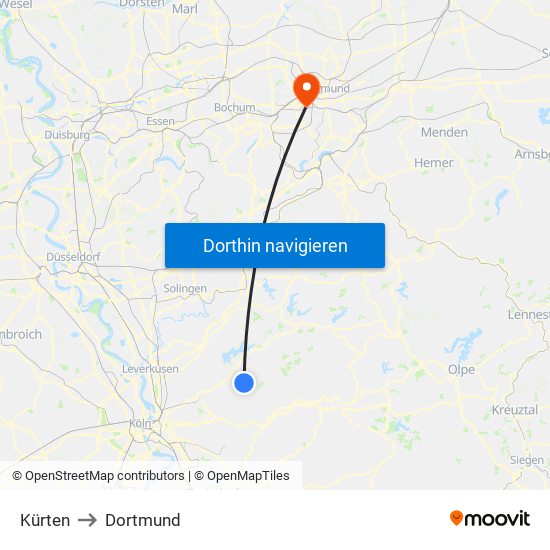 Kürten to Dortmund map