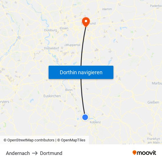 Andernach to Dortmund map