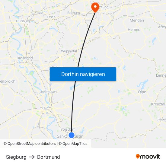 Siegburg to Dortmund map