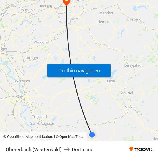 Obererbach (Westerwald) to Dortmund map