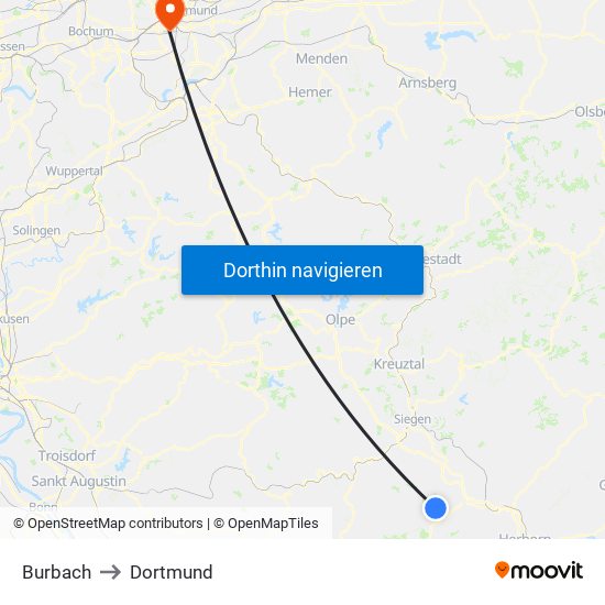 Burbach to Dortmund map