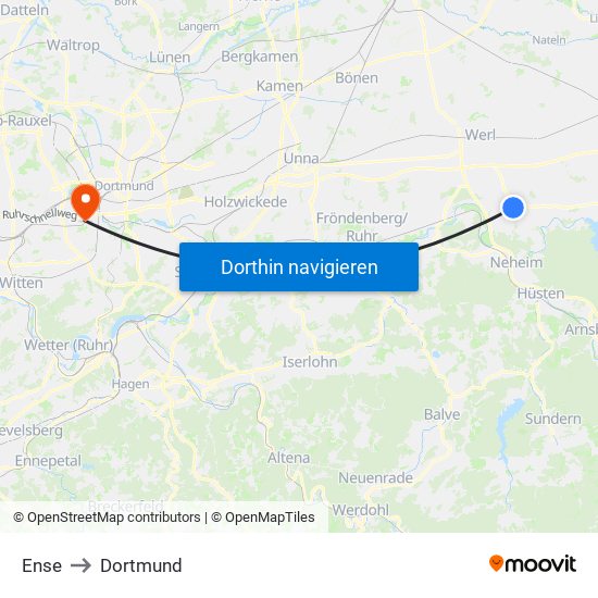 Ense to Dortmund map