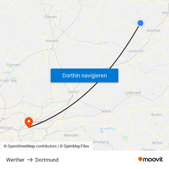 Werther to Dortmund map