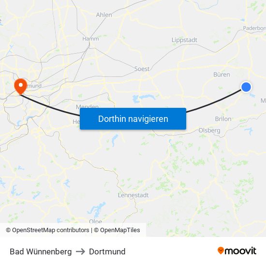 Bad Wünnenberg to Dortmund map