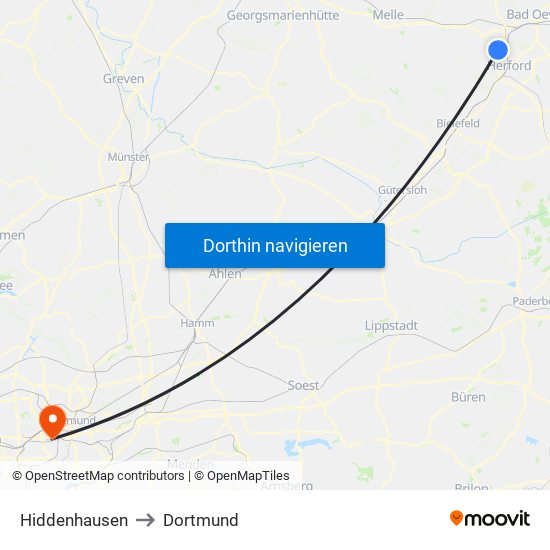 Hiddenhausen to Dortmund map