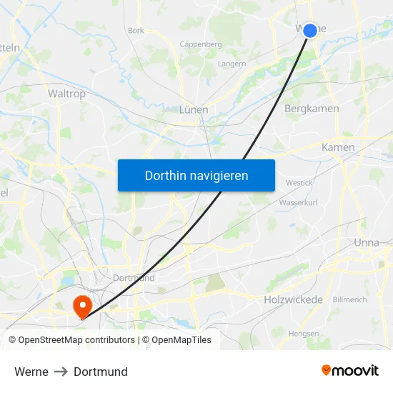 Werne to Dortmund map