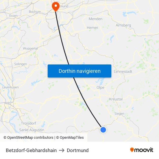 Betzdorf-Gebhardshain to Dortmund map