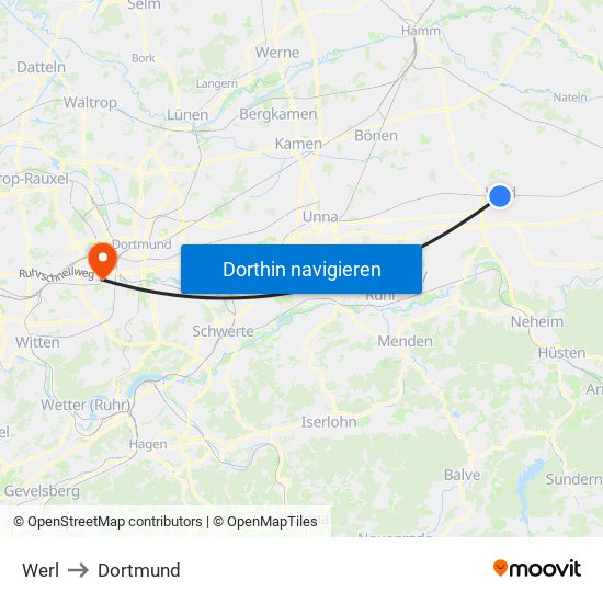 Werl to Dortmund map