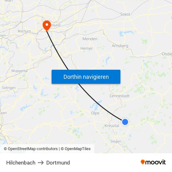 Hilchenbach to Dortmund map