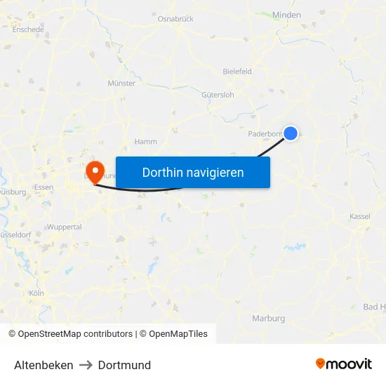 Altenbeken to Dortmund map