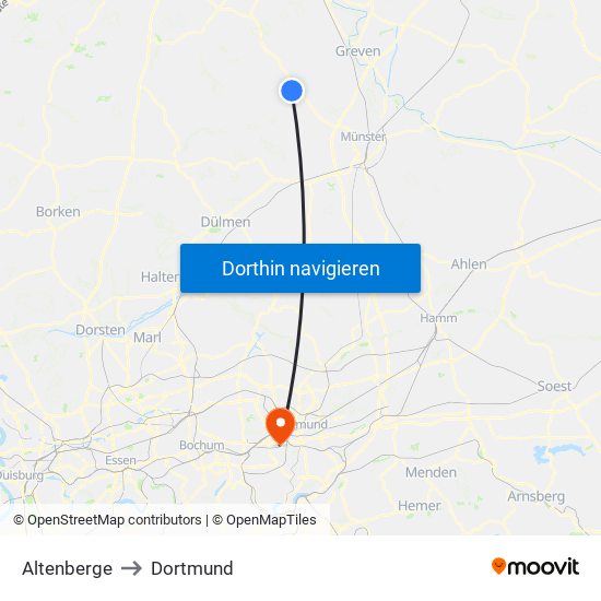 Altenberge to Dortmund map