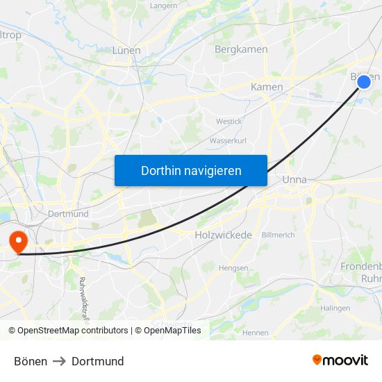 Bönen to Dortmund map
