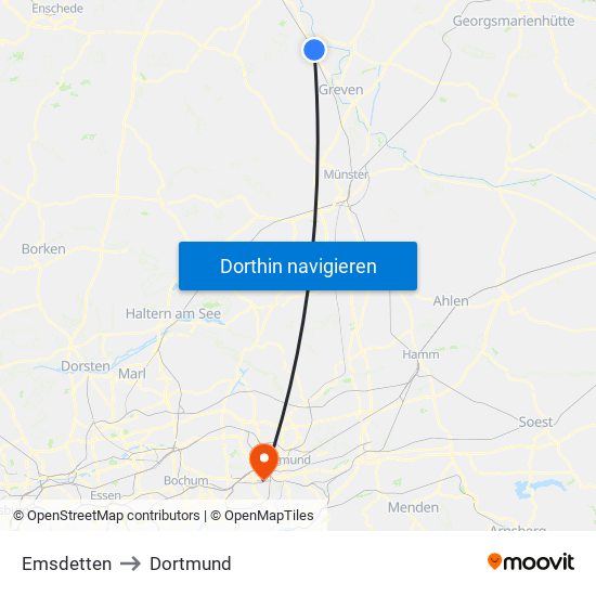 Emsdetten to Dortmund map