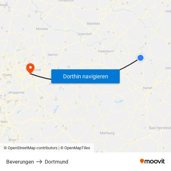 Beverungen to Dortmund map