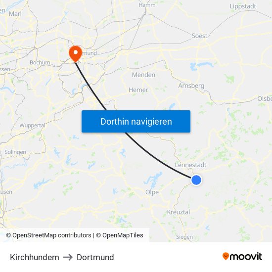 Kirchhundem to Dortmund map