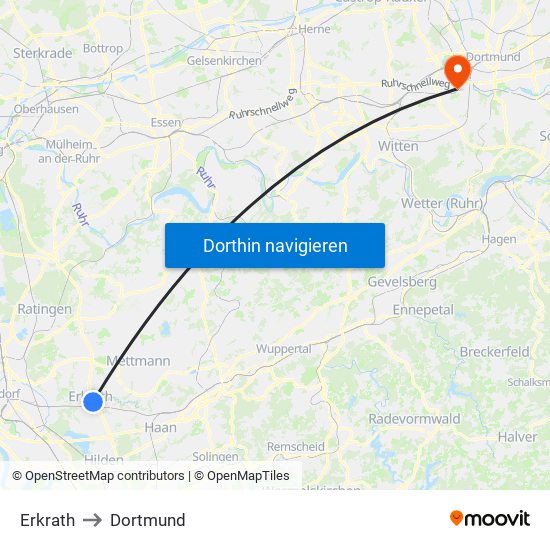 Erkrath to Dortmund map