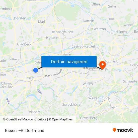 Essen to Dortmund map