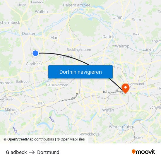 Gladbeck to Dortmund map