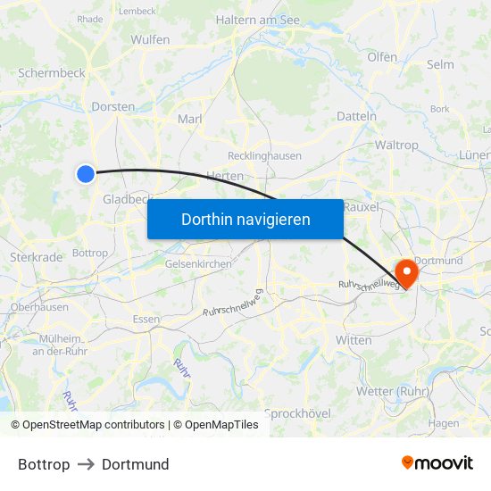 Bottrop to Dortmund map