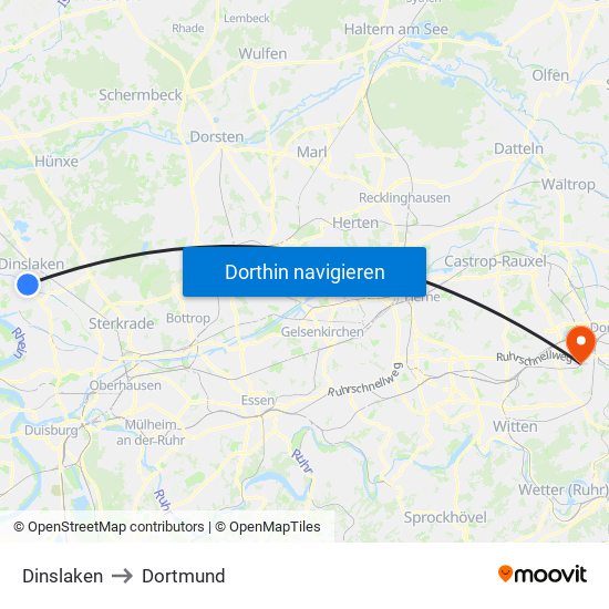 Dinslaken to Dortmund map