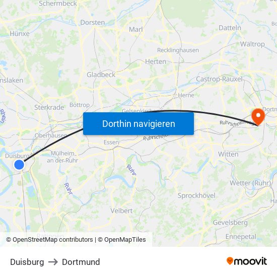 Duisburg to Dortmund map