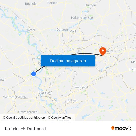 Krefeld to Dortmund map