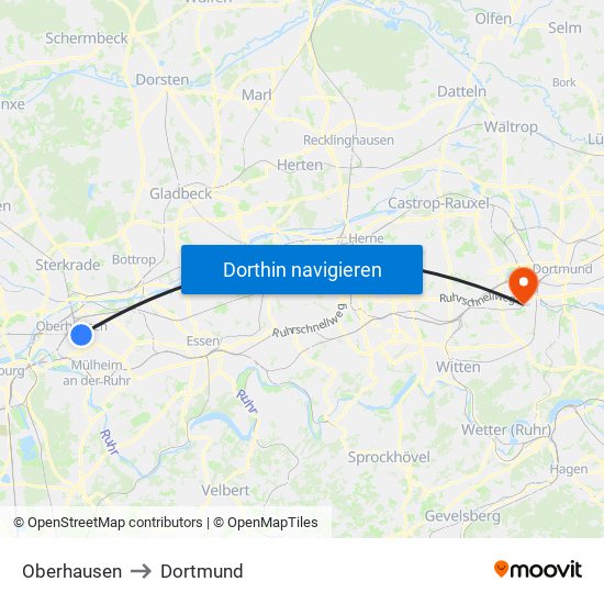 Oberhausen to Dortmund map