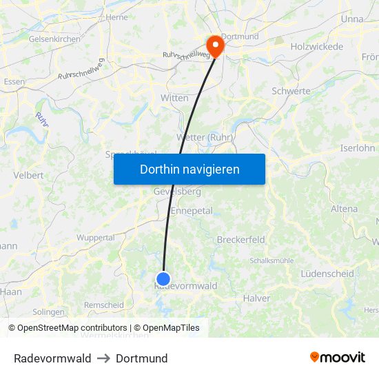 Radevormwald to Dortmund map