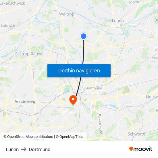 Lünen to Dortmund map