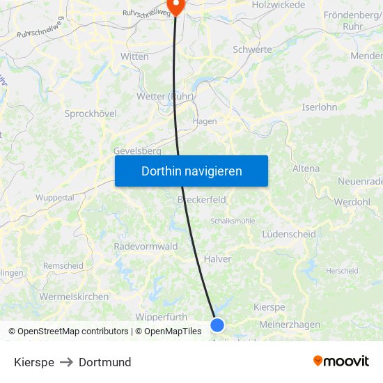 Kierspe to Dortmund map