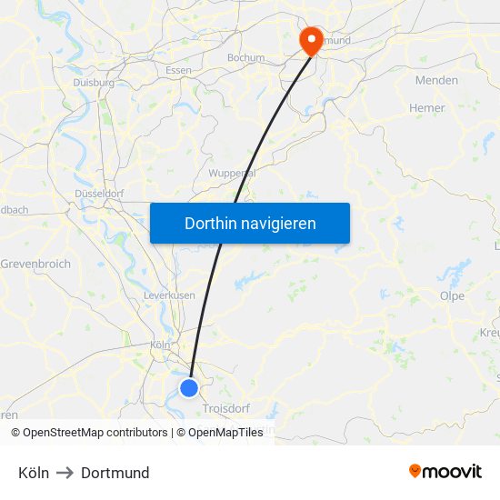 Köln to Dortmund map