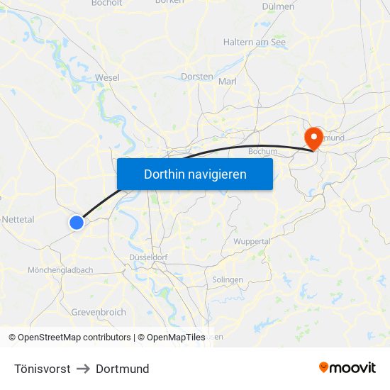 Tönisvorst to Dortmund map