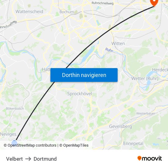 Velbert to Dortmund map