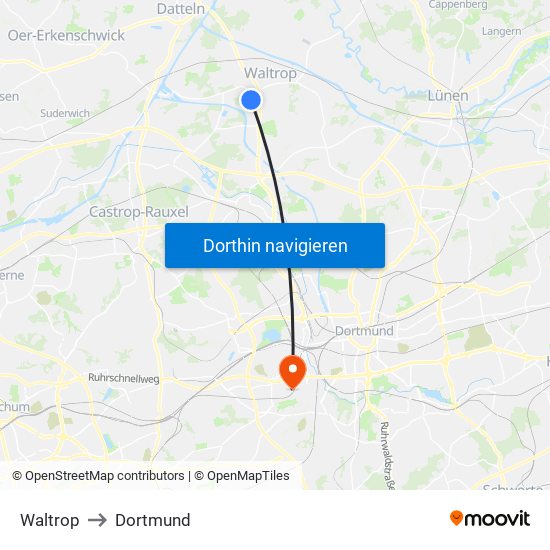 Waltrop to Dortmund map