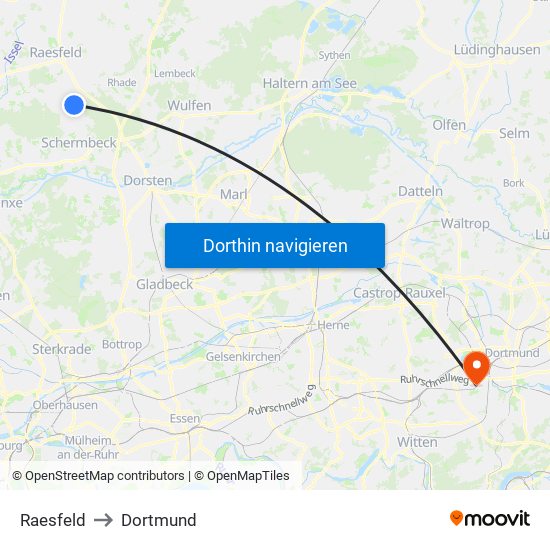 Raesfeld to Dortmund map