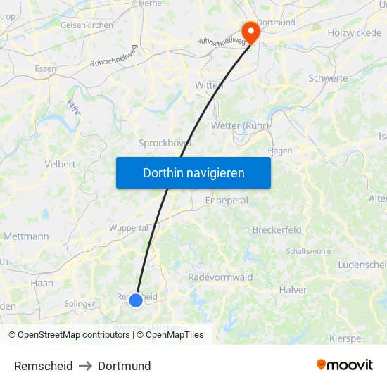 Remscheid to Dortmund map