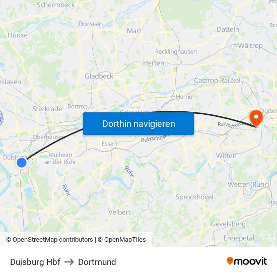 Duisburg Hbf to Dortmund map