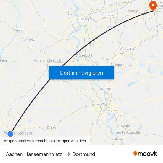 Aachen, Hansemannplatz to Dortmund map