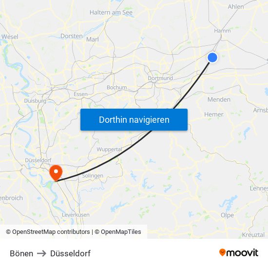 Bönen to Düsseldorf map