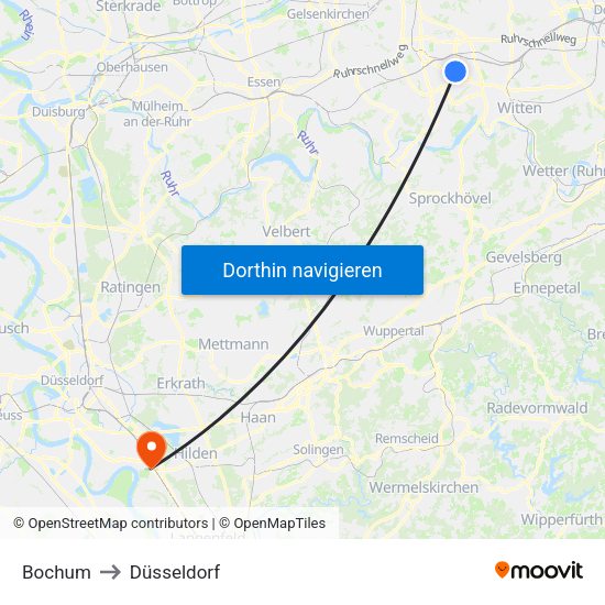Bochum to Düsseldorf map