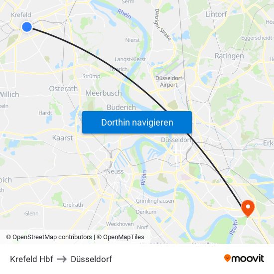 Krefeld Hbf to Düsseldorf map