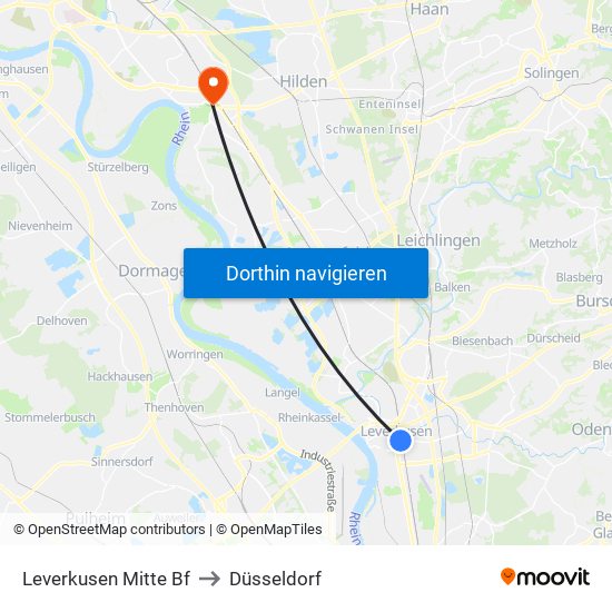 Leverkusen Mitte Bf to Düsseldorf map