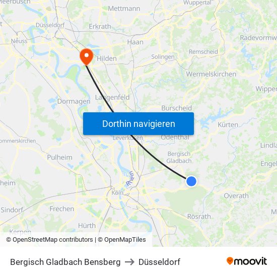 Bergisch Gladbach Bensberg to Düsseldorf map